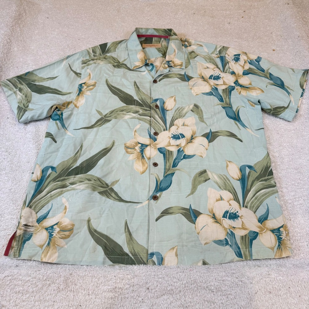 Tommy Bahama Mens XL Silk Floral Orchid Camp Shirt Aqua Blue Short Sleeve Button